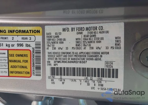 2022 Ford Bronco Sport Outer Banks z USA, uszkodzony, nr VIN 3FMCR9C60NRD18307